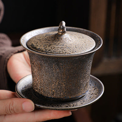 Buddha Stones Retro Rust Glaze Ceramic Gaiwan Sancai Teacup Kung Fu Tea Cup And Saucer With Lid Cup BS 1