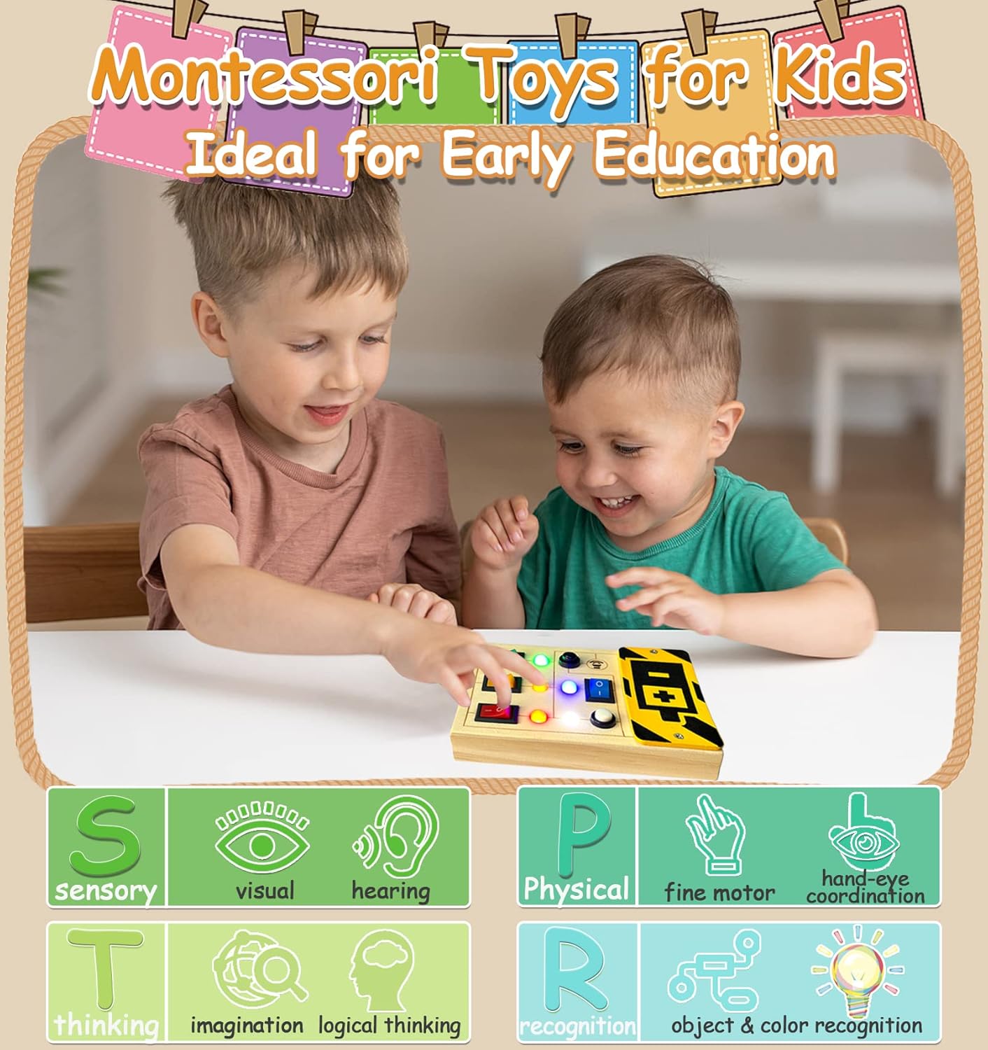 TEUVO LED Light Switch Busy Board for Toddler with Sound Montessori Wooden Sensory Travel Toys with Button Keep Kid Busy Gifts for Boy Girls Aged 3+