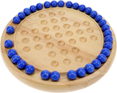 Fidtoy Solitaire Wooden Game with Marble Balls for Kids Ages 5+, Classic Wooden Strategy Board Game with 33 Blue Glass Marbles, Instructions and Coffee Table Puzzle Play