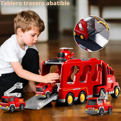 Fidtoy 5-in-1 Fire Truck Carrier Playset for Kids with Helicopter Ladder Truck Lights and Sounds
