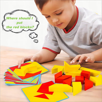 Fidtoy Creative Pattern Wooden Puzzle for Kids Ages 3+, 14 Wooden Blocks with 60 Double-Sided Pattern Cards, Geometric Tabletop Brain Game in Colorful Tin Box