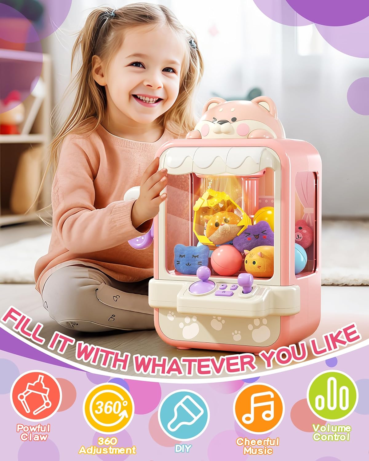 Fidtoy Surprise Catcher Claw Machine for Kids | Mini Plastic Arcade Prize Grabber Toy, 35 Random Toys, 360° Adjustable Claw, Music Sound, 60-Second Challenge, Hand-Eye Coordination Game Age 3+