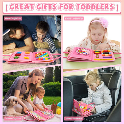 Busy Board Montessori Toys for 1-4 Year Old Toddler, Preschool Educational Learning Activities Developing Sensory Board for Fine Basic Dress Motor Skills/Travel Toys for Plane Car, Gift for Girls Boys