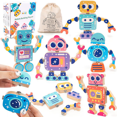 Juguete de construcción de robot de madera Fidtoy, juego de encastre para niños