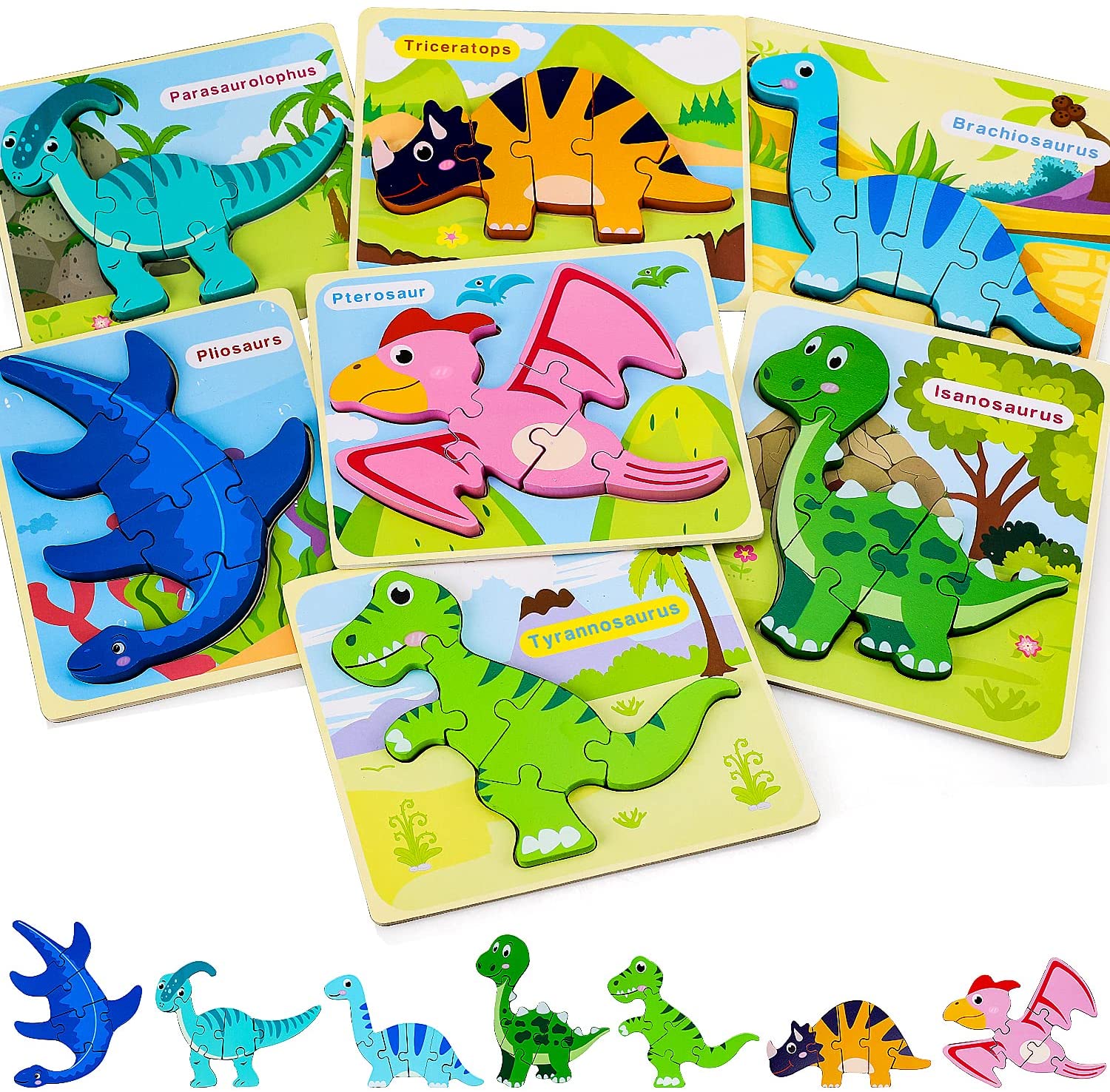 Fidtoy Dinosaur Wooden Puzzle Set for Kids Early Learning Toy