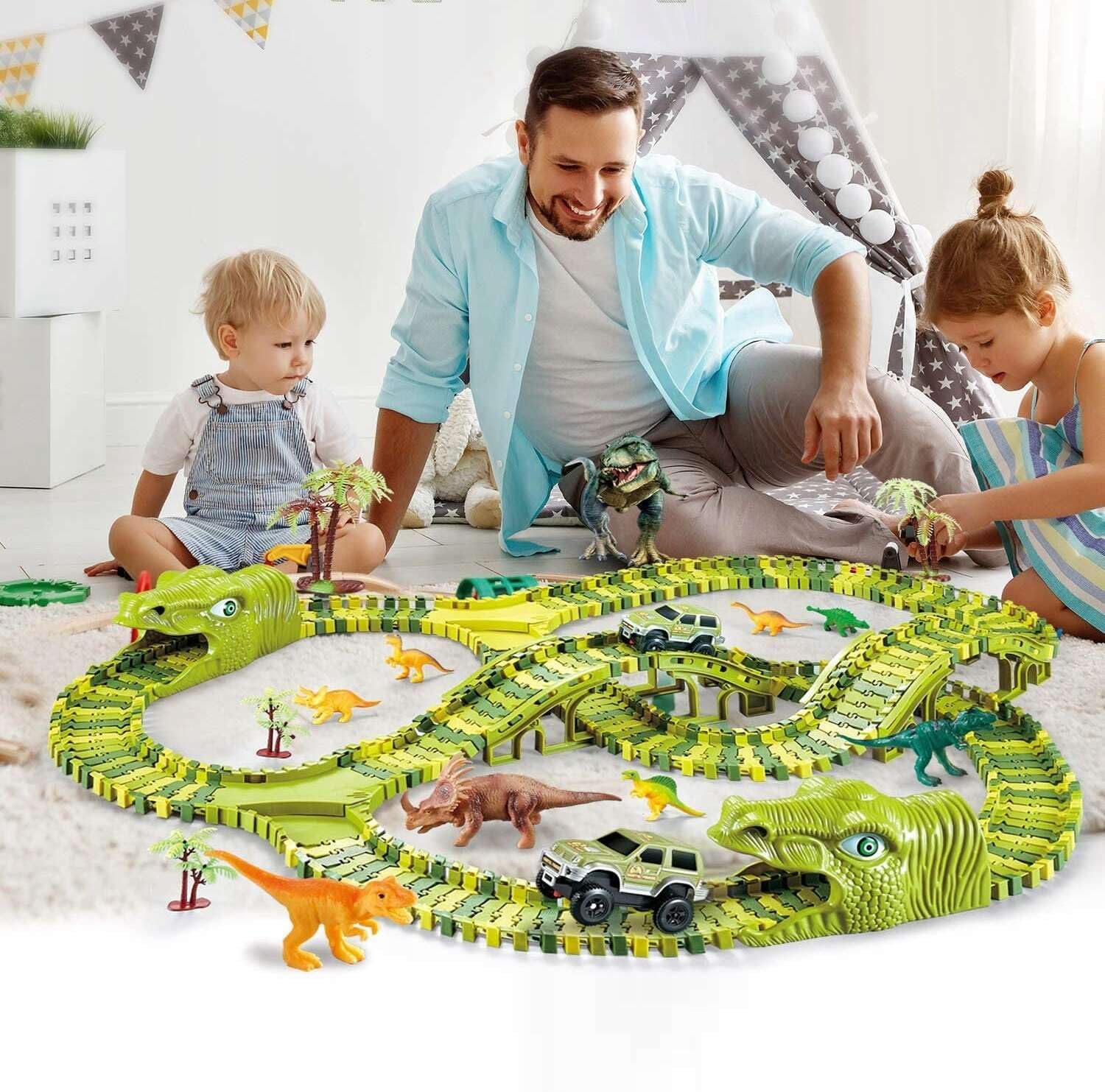 Fidtoy Dinosaur Race Track Set for Kids – Flexible Jurassic Track with Motorized Dinosaur Car, 360° Loop, Bridge, Dinosaur Figures, and Creative Building Play