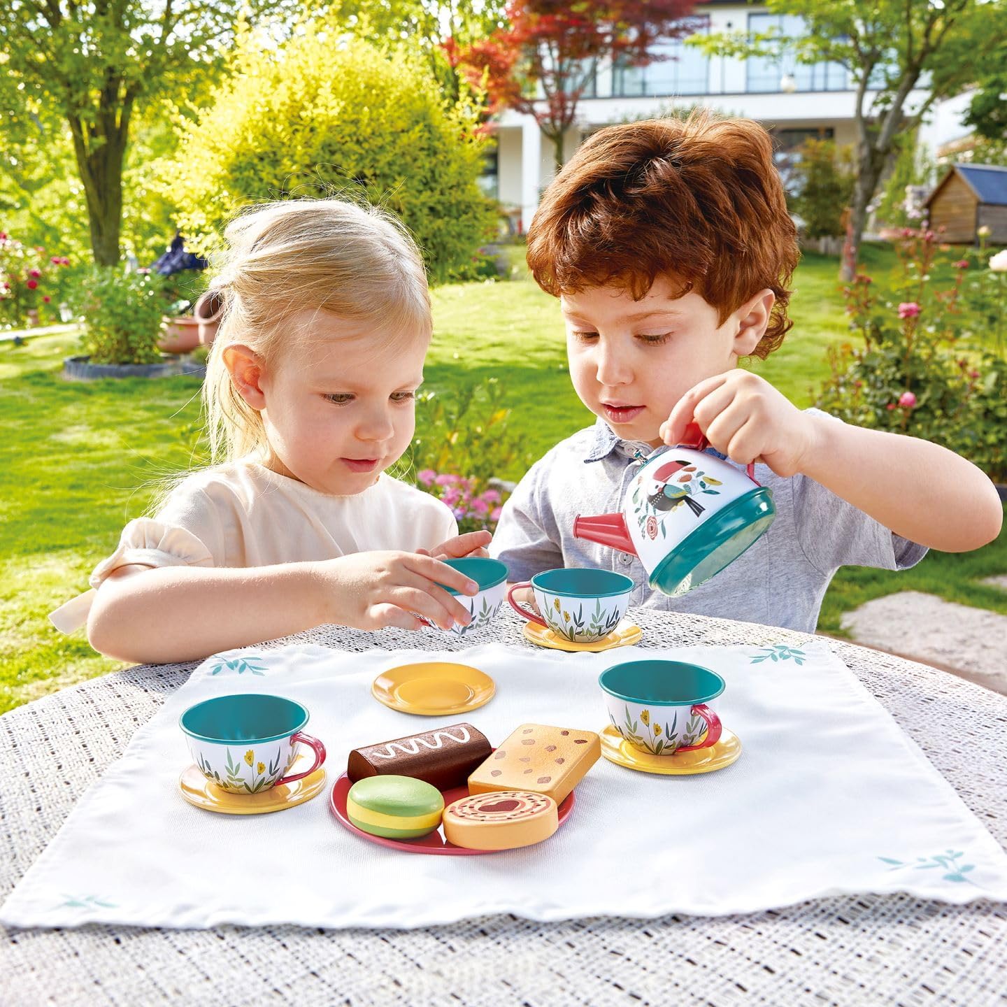 Fidtoy Pretend Play Tea Set Picnic Toy with Teapot Cups and Cookies