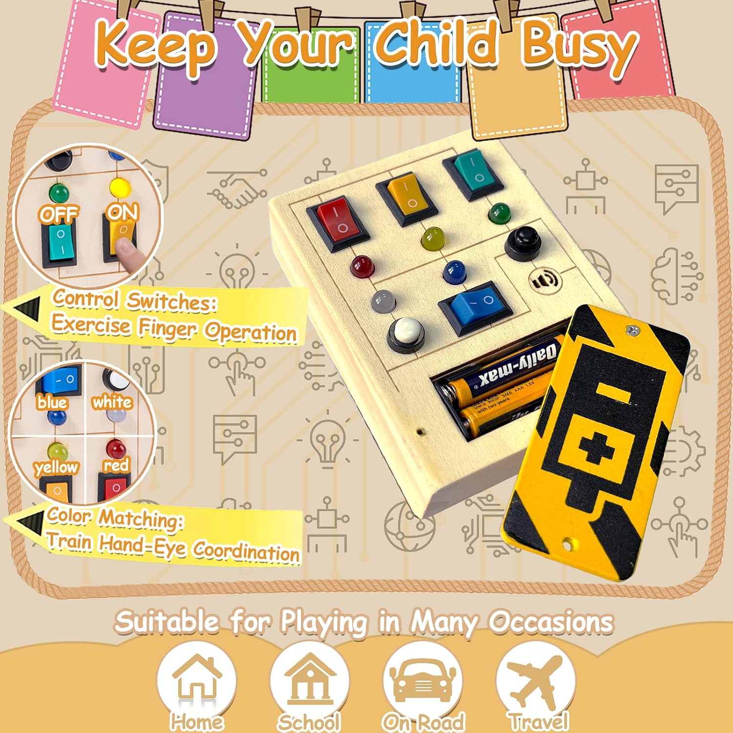 TEUVO LED Light Switch Busy Board for Toddler with Sound Montessori Wooden Sensory Travel Toys with Button Keep Kid Busy Gifts for Boy Girls Aged 3+