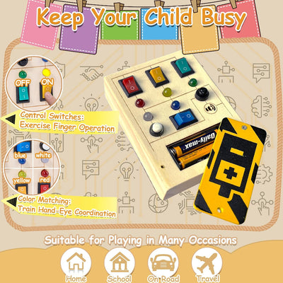 TEUVO LED Light Switch Busy Board for Toddler with Sound Montessori Wooden Sensory Travel Toys with Button Keep Kid Busy Gifts for Boy Girls Aged 3+