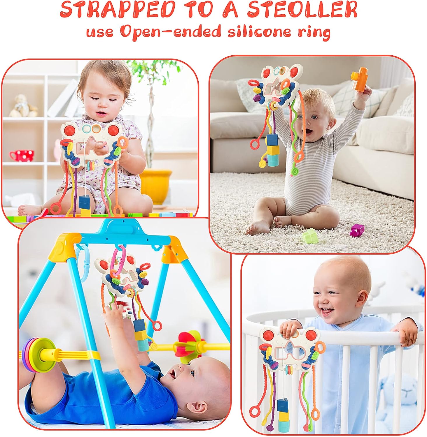 Fidtoy 5-in-1 Pull String Motor Skills and Sensory Activity Toy for Babies, Crab-Shaped Silicone Pull Toy with Press Buttons, Textures, Fine Motor and Travel Play Age 0–2