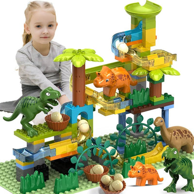 Fidtoy Dinosaur Marble Run Track Set for Kids – 125-Piece Jurassic STEM Building Toy with Dinosaur Eggs, Funnel, Marble Maze, and Creative Construction Play
