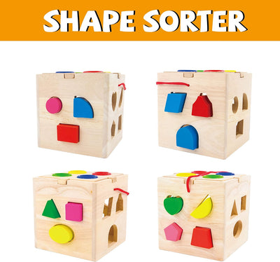 Fidtoy Wooden Activity Cube Shape Sorter and Hammering Toy with 13 Shapes and 4 Balls for Toddlers