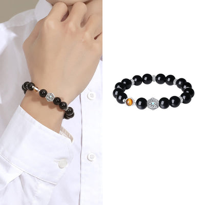 Foviel 925 Sterling Silver Black Obsidian Tiger Eye Eye of Providence Purification Bracelet