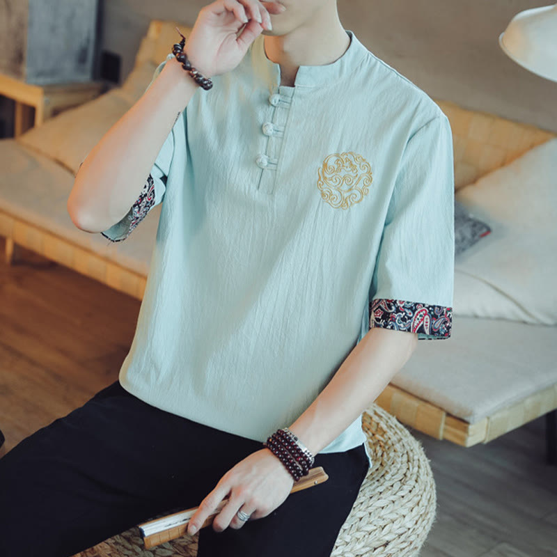 Buddha Stones Frog-Button Dragon Embroidery Chinese Tang Suit Short Sleeve Shirt Linen Men Clothing Men's Shirts BS 16