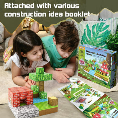 Fidtoy 100 Piece Forest Magnetic Blocks for Kids 3+ STEM Building Toy Set, Dinosaur Theme Magnetic Cube Construction Blocks for Toddlers, Preschool Pretend Play, Creative Castle and Garage Building Toy