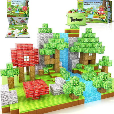 Fidtoy 100 Piece Forest Magnetic Blocks for Kids 3+ STEM Building Toy Set, Dinosaur Theme Magnetic Cube Construction Blocks for Toddlers, Preschool Pretend Play, Creative Castle and Garage Building Toy