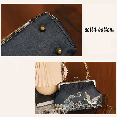Buddha Stones Auspicious Clouds Cranes Embroidery Bamboo Handle Handbag Crossbody Bag Crossbody Bag&Handbags BS 8