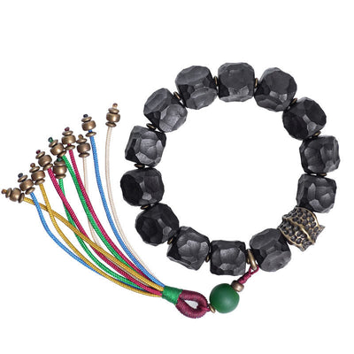 Buddha Stones Tibet Ebony Wood Copper Peace Tassel Wrist Mala Bracelet Wrist Mala BS 12