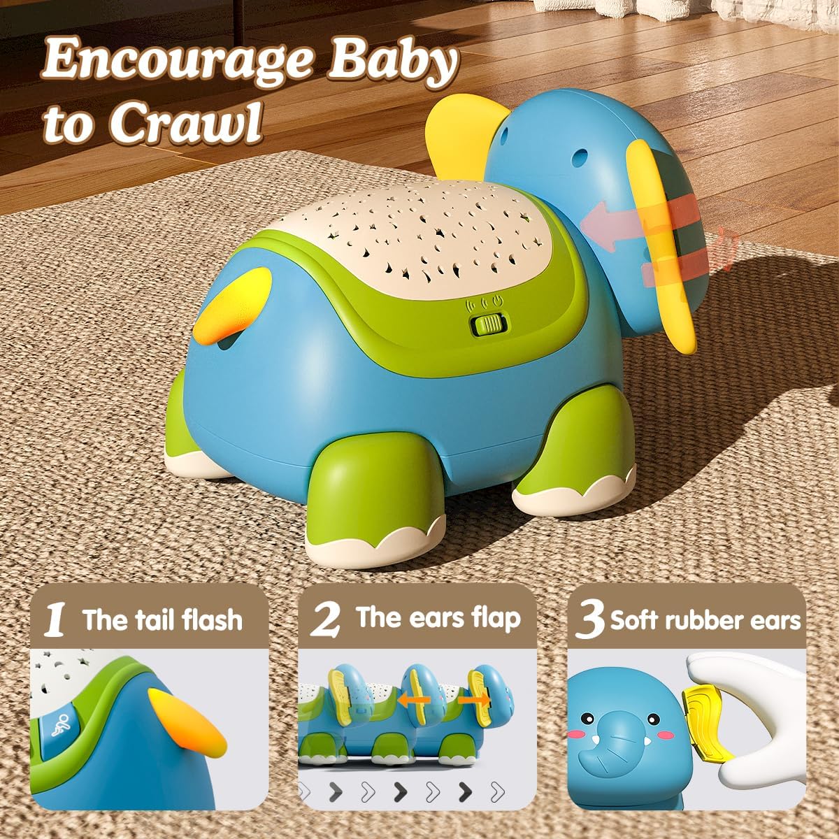 Fidtoy Musical Crawling Elephant Baby Toy with Lights, Lullabies & Star Projector for Toddlers