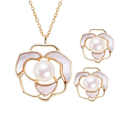 Buddha Stones 925 Sterling Silver Pearl Camellia Pattern Happiness Necklace Pendant Earrings Necklaces & Pendants BS 4