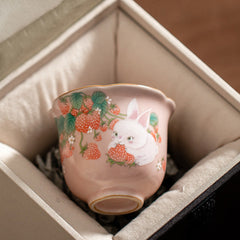 Buddha Stones Cute Strawberry Rabbit Flower Ceramic Teacup Kung Fu Tea Cup 55ml Cup BS Strawberry Rabbit 5.3cm*5cm*55ml(Gift Box)