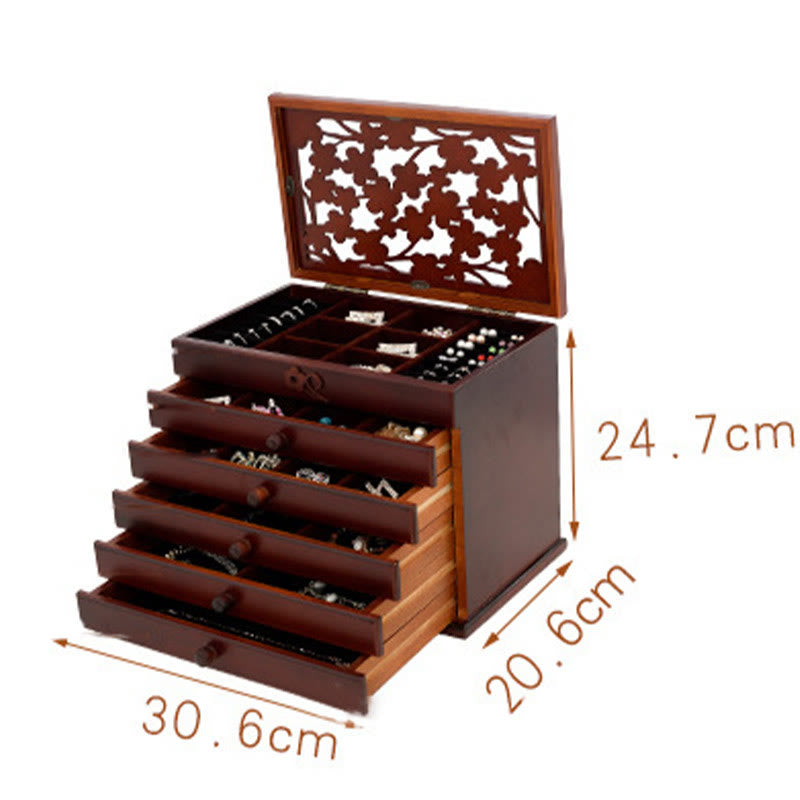Buddha Stones Vintage Plum Blossom Carved Wooden Jewelry Box Six-Layer Jewelry Storage Box Jewelry Box BS 7