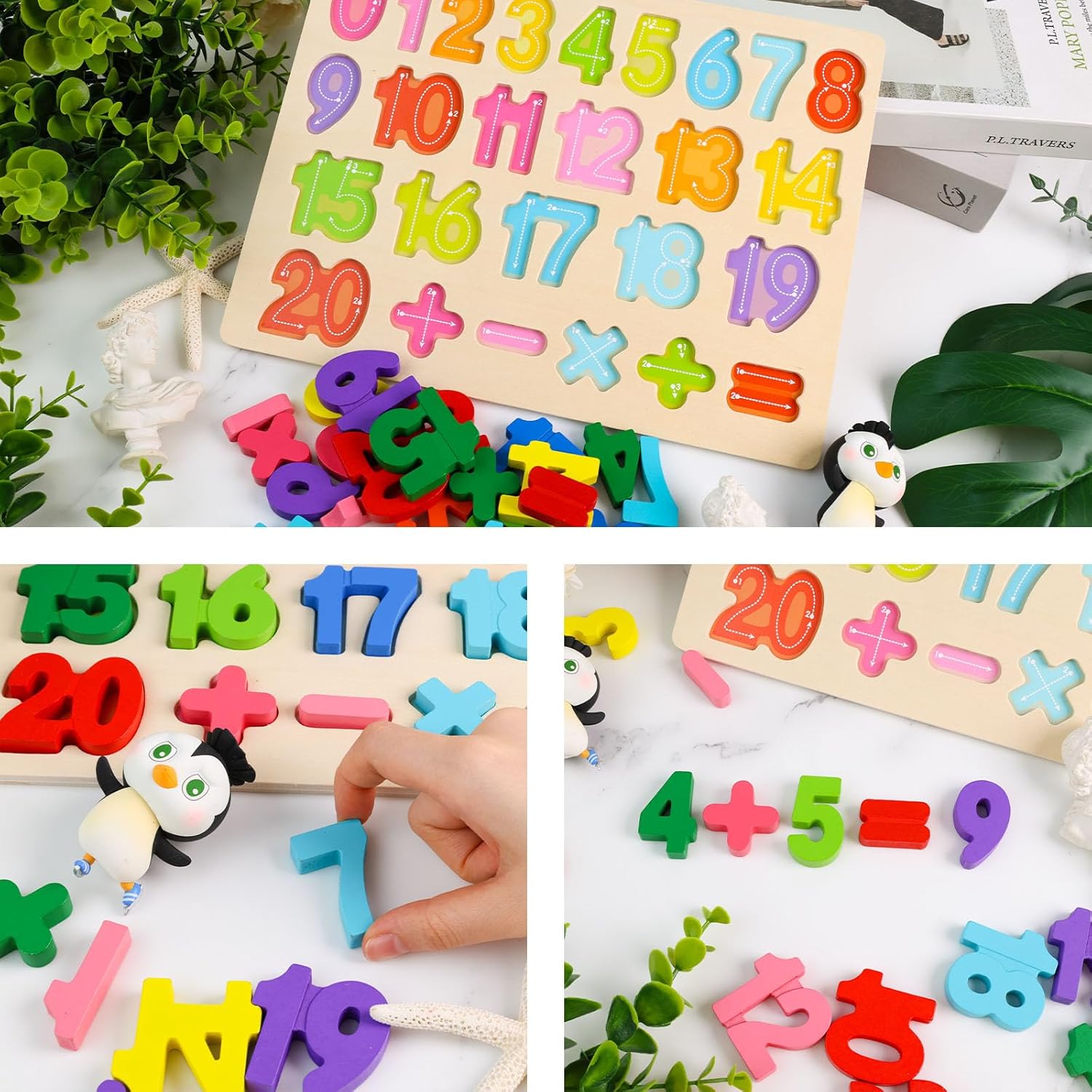 Fidtoy 3D Wooden Number Learning Board 0-20 Montessori Math Puzzle for Toddlers Number Counting Shape Recognition Toy