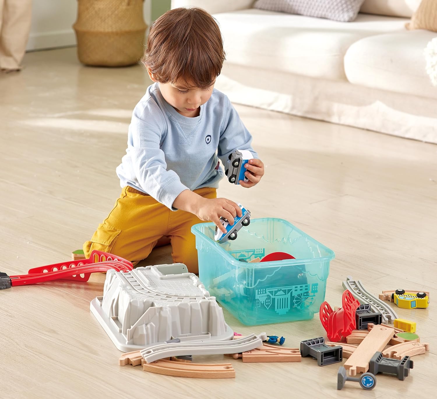 Fidtoy Circuit de train de ville en bois avec seau de rangement