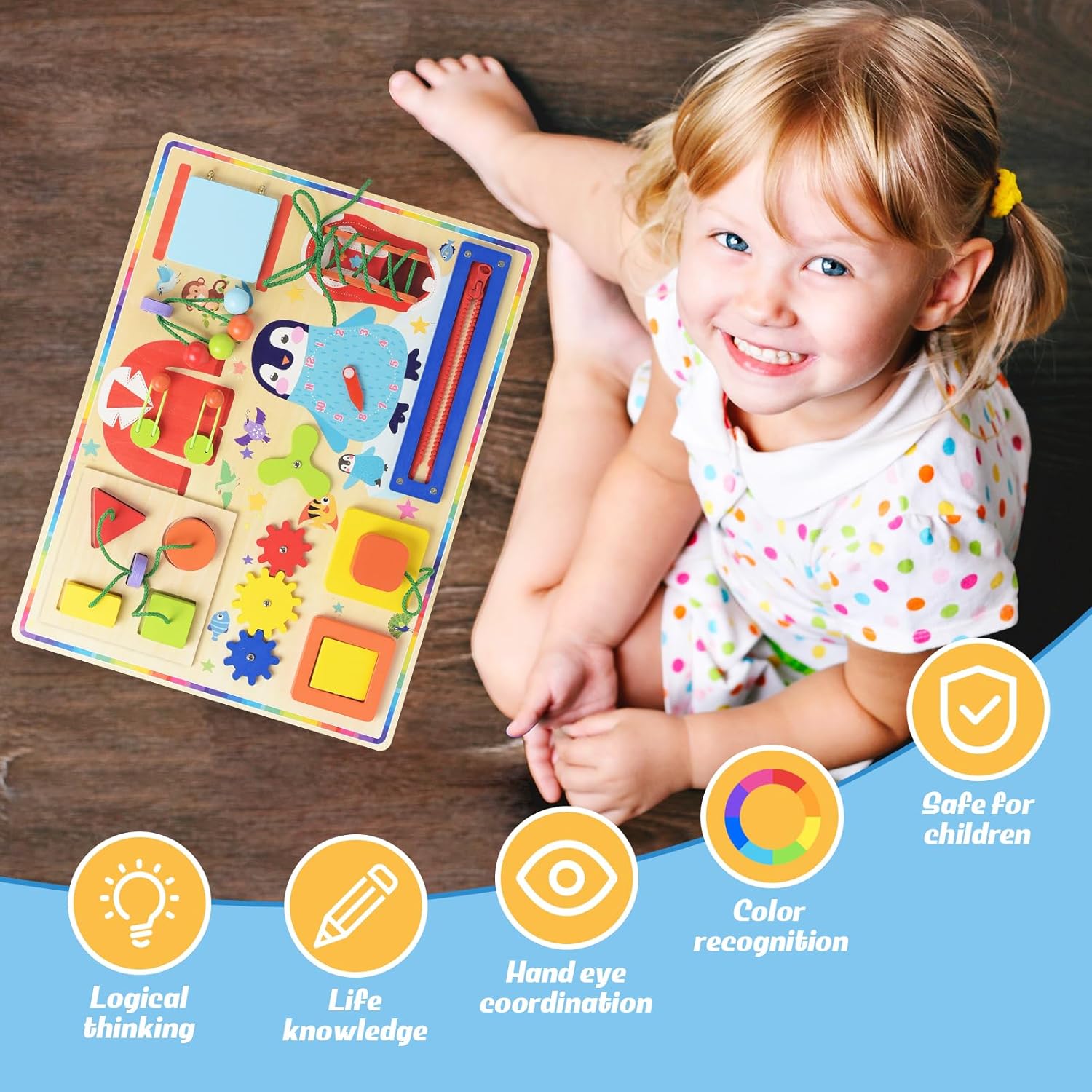 Fidtoy 11 in 1 Montessori Busy Board Toy for Toddlers Wooden Sensory Activity Board with Zippers Buttons Gears Fine Motor Skills Travel Quiet Toy Gift