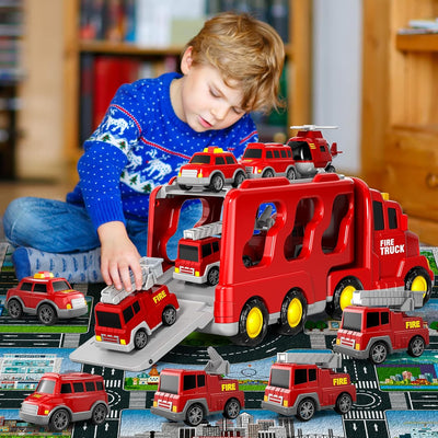 Fidtoy 5-in-1 Fire Truck Carrier Playset for Kids with Helicopter Ladder Truck Lights and Sounds