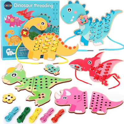 Fidtoy Wooden Dinosaur Threading Toy for Kids | Montessori Lacing Cards, Hand-Eye Coordination, Fine Motor Skills & Preschool Sewing Activity Toy Age 2-6