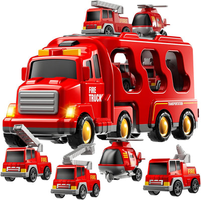 Fidtoy 5-in-1 Fire Truck Carrier Playset for Kids with Helicopter Ladder Truck Lights and Sounds