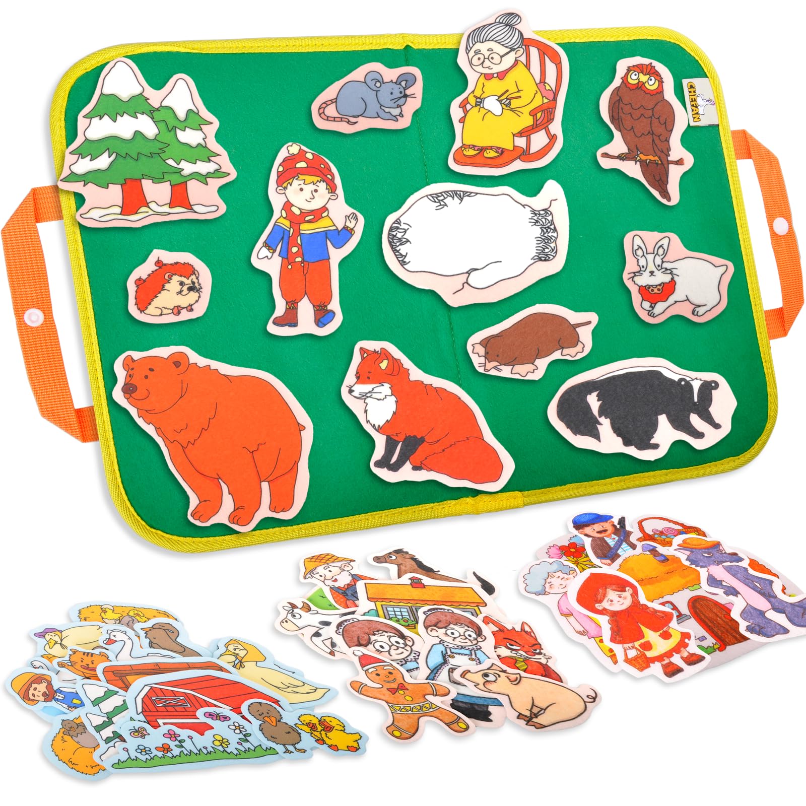 CHEFAN Felt/Flannel Board Story Set of 4, PRECUT Felt Pieces for Preschool Toddlers, Stone Soup, The Three Billy Goats Gruff, Jack and Beanstalk, The Boy Who Cried Wolf