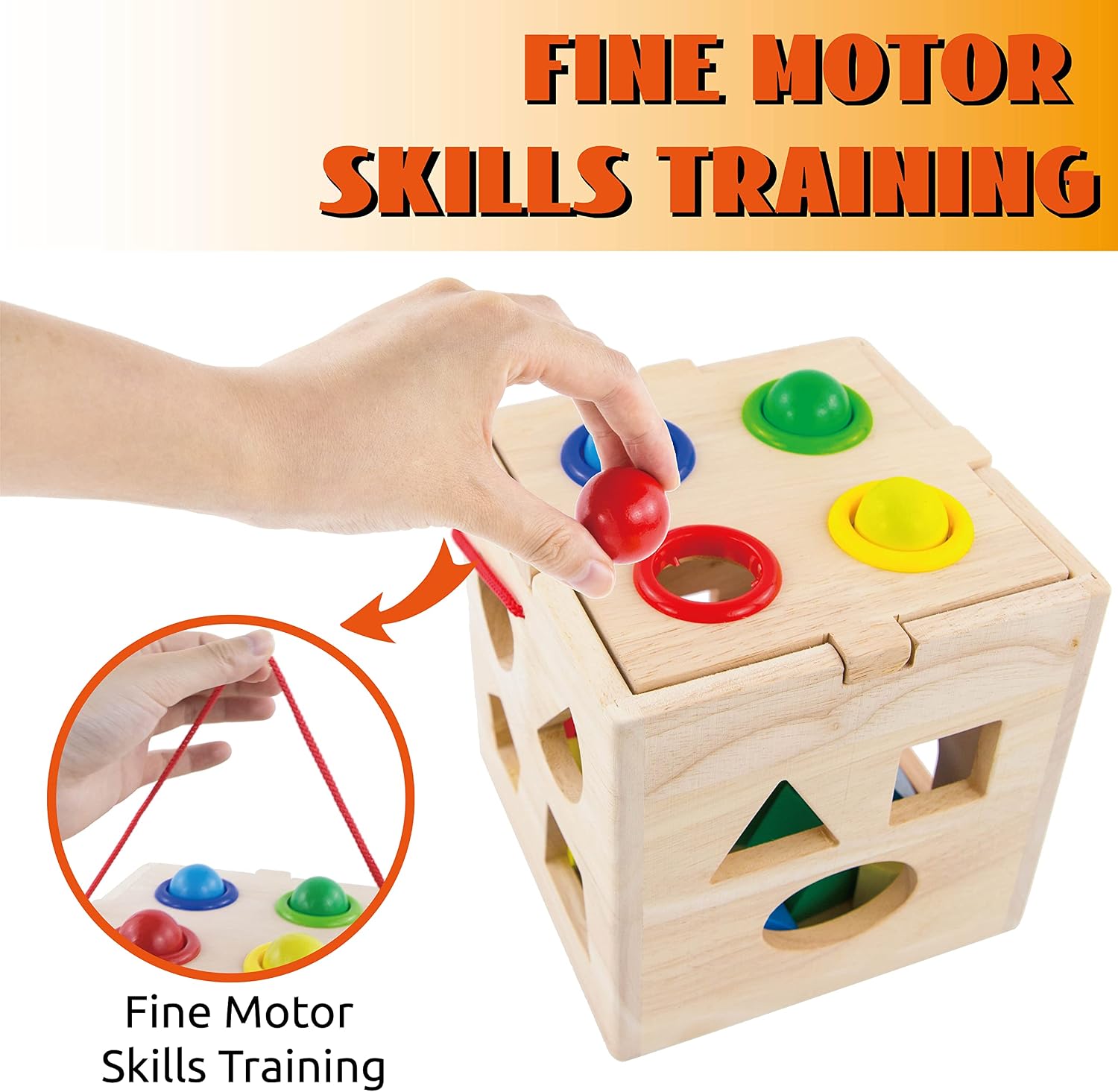 Fidtoy Wooden Activity Cube Shape Sorter and Hammering Toy with 13 Shapes and 4 Balls for Toddlers