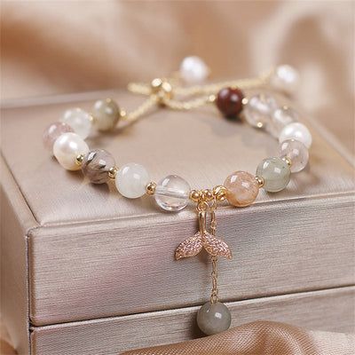 Buddha Stones Strawberry Quartz Rutilated Quartz Fishtail Charm Healing Bracelet Bracelet BS Rutilated Quartz(Fishtail Color Random)(Wrist Circumference 14-19cm)