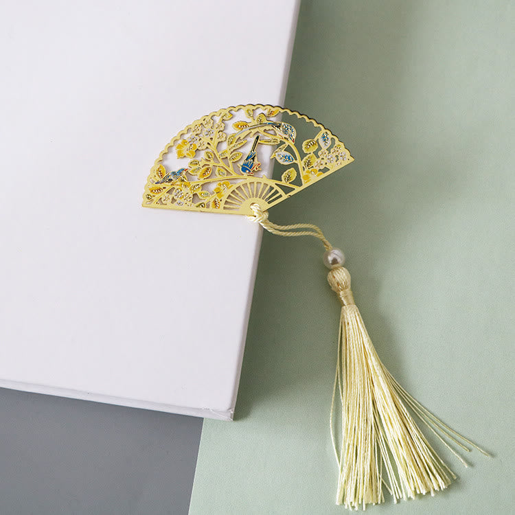 Buddha Stones Traditional Butterfly Lotus Flower Crane Dragon Phoenix Fox Koi Fish New Beginning Metal Brass Hollow Fan Bookmarks Bookmarks BS Forest Bird