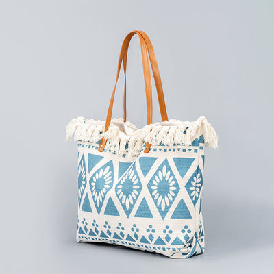 Buddha Stones Large Capacity Boho Geometry Print Tassel Canvas Tote Shoulder Bag Shoulder Bag BS 2