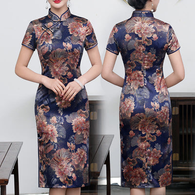 Buddha Stones Retro Flower Lotus Peony Feather Print Qipao Dress Women's Cheongsam Dress - Purple Lotus - US16，UK/AU20，EU48 (5XL) - image 13
