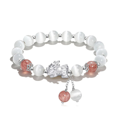 Buddha Stones Natural Cat's Eye Moonstone Strawberry Quartz PiXiu Support Bracelet Bracelet BS Strawberry Quartz&Cat's Eye(Wrist Circumference 14-15cm)