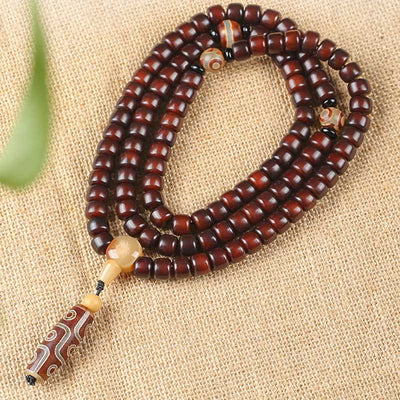 Bracelet de chance Foviel 108 perles Mala avec perle Dzi à trois yeux et perle Dzi à neuf yeux en jade