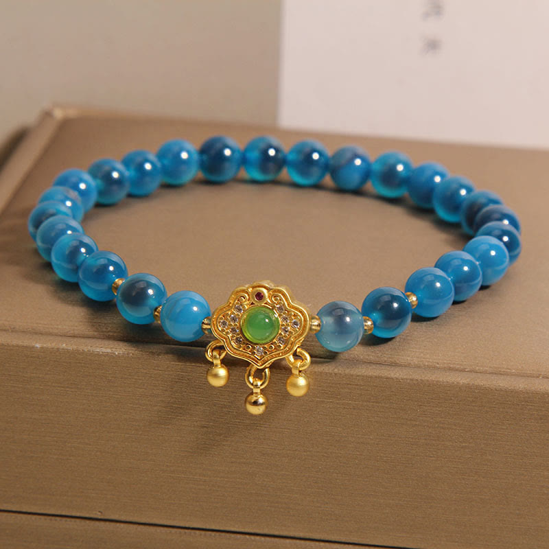 Buddha Stones Blue Candy Agate Chinese Lock Charm Healing Bracelet Bracelet BS 4