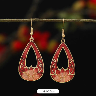 Buddha Stones Lotus Butterfly Flower Alloy Copper Enlightenment Drop Earrings Earrings BS Red Lotus 4.1*2.5cm