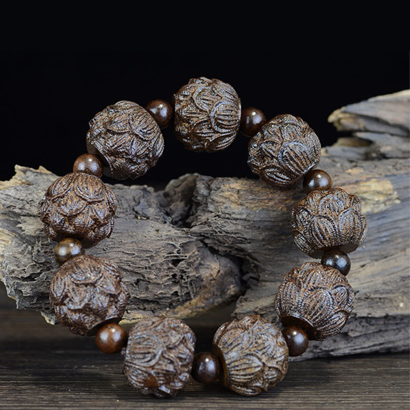 Buddha Stones Ebony Wood Eighteen Arhats Lotus Dragon Engraved Balance Bracelet Bracelet BS 3