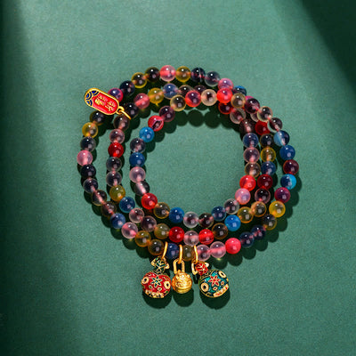 Buddha Stones Colorful Candy Agate Gold Swallowing Beast Family Strength Charm Triple Wrap Bracelet Bracelet BS 1