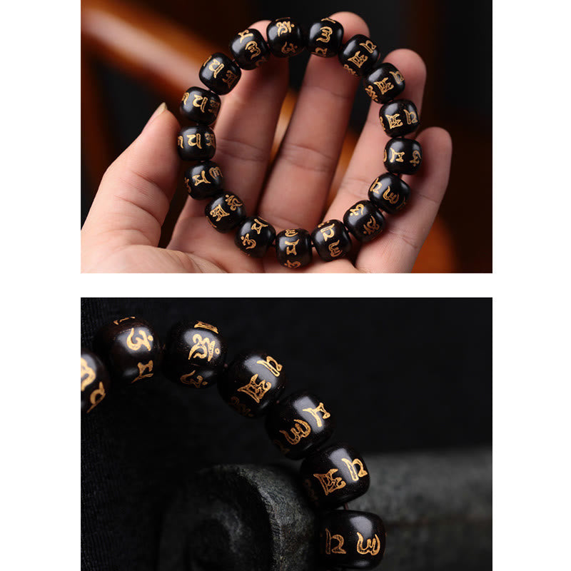 Buddha Stones Tibetan Ebony Wood Om Mani Padme Hum Engraved Peace Bracelet Bracelet BS 6