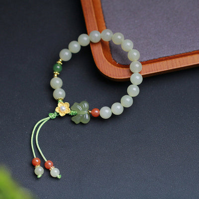 Buddha Stones 925 Sterling Silver Jade Luck Flower Butterfly Bracelet Bracelet BS 10