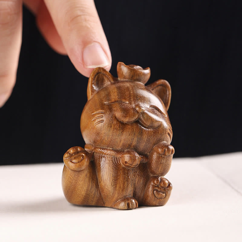 Buddha Stones Mini Green Sandalwood Ingot Lucky Cat Carved Peace Desk Decorations Decorations BS 8