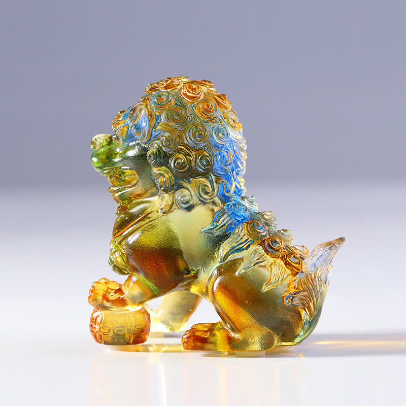 Buddha Stones Handmade Liuli Crystal Lion Art Piece Strength Home Office Decoration Decorations BS Colorful&Bead