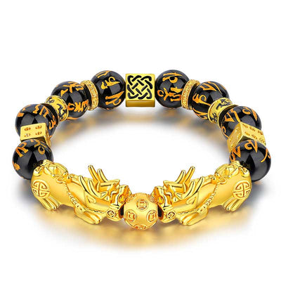 Buddhastoneshop FengShui Double PiXiu Obsidian Om Mani Padme Hum Wealth Bracelet