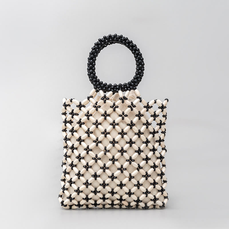 Buddha Stones Hand-woven Lozenge Wooden Beads Handbag Handbags BS White 23*23*2.5cm